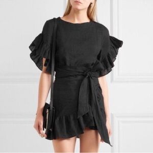 Isabel Marant Black Linen wrap Ruffles Mini Vacation Dress RESORT Cruise LUXURY